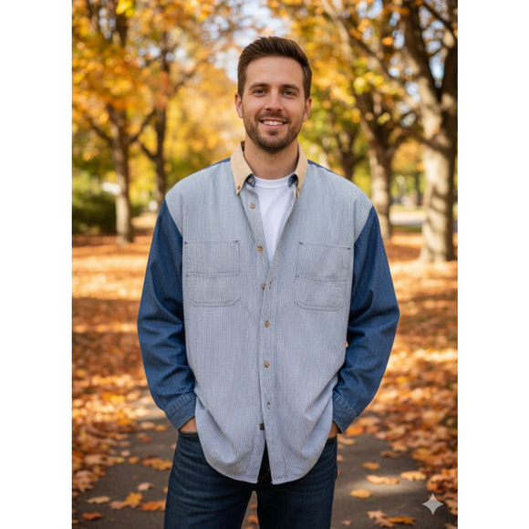 Vintage Tango by Max Raab XL Blue White Striped Denim Casual Button Down Shirt - Picture 1 of 6